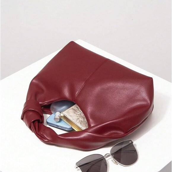 Women's PU Leather Ruched Satchel Mini Handbag Top Handle Purse - Picture 6 of 6